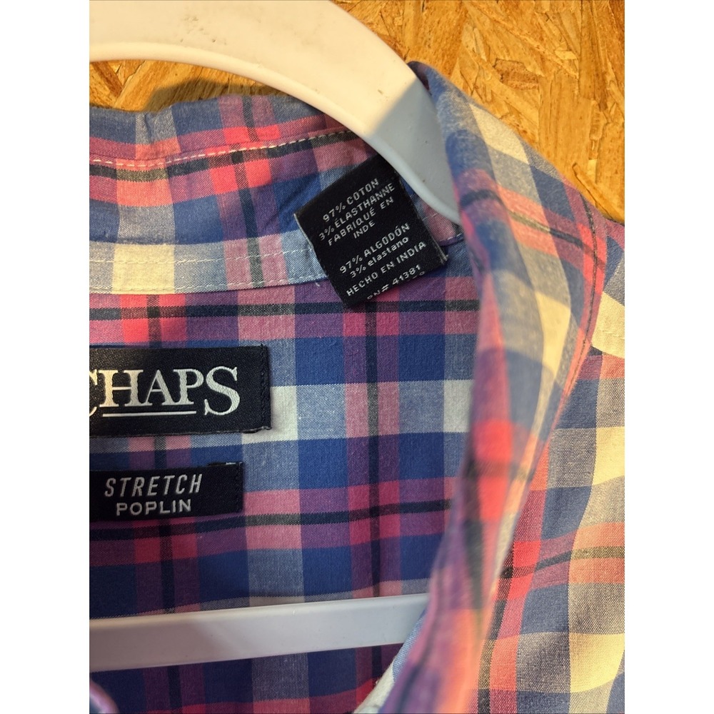 Chaps Stretch Blue And Pink Plaid Short Sleeve Men's Shirt Sz Large - Picture 5 of 11